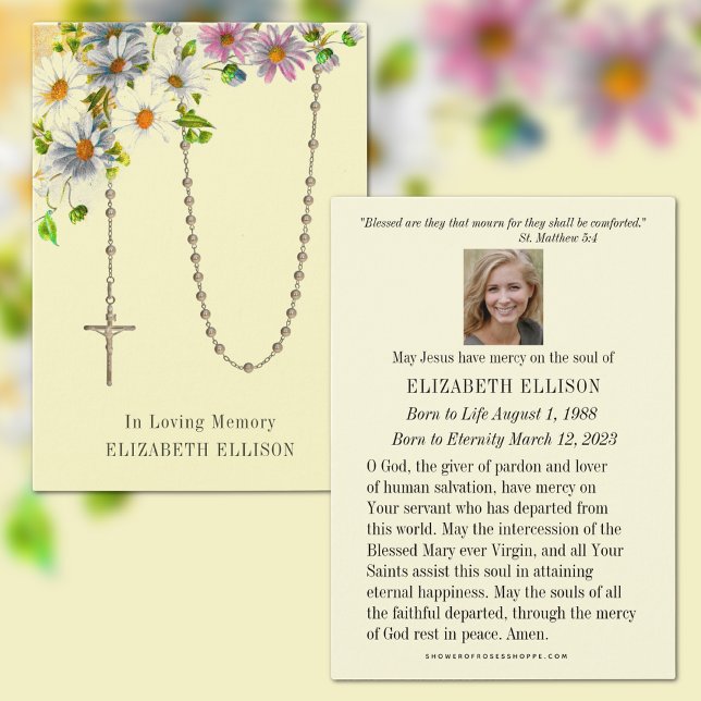 Prière funéraire Floral Rosaire (Traditional Catholic Funeral Memorial Prayer Card with the Holy Rosary and Spring Flowers)