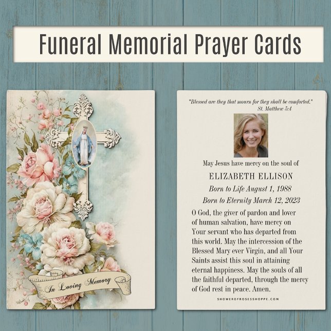 Prière funéraire Vierge Marie Cartes (Catholic Funeral Memorial Prayer Cards with the Blessed Virgin Mary and vintage flowers. )