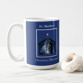 Priest Christmas Blessings, Nativity Scene on Blue Kaffeetasse