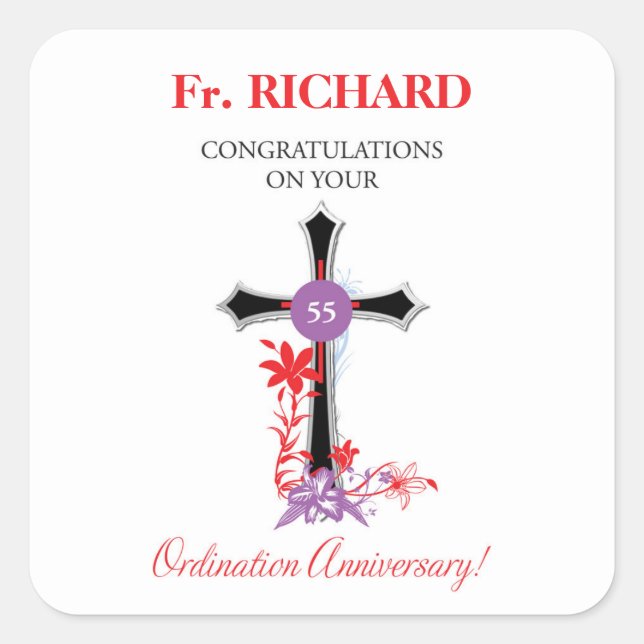 Priester 55. Ordination Jubiläum Schwarzes Kreuz Quadratischer Aufkleber (Vorderseite)
