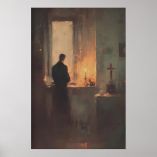 Priester betet bei Kerzenlicht, christliche Wandku Poster