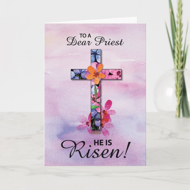 Priester Oster Er ist Rised Cross Watercolor Blume Karte (Vorderseite)