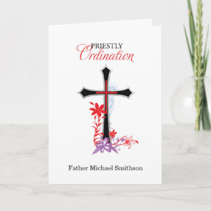 Priesterweihe Schwarzes Kreuz mit roten Schwüngen Karte