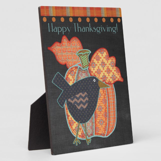 Prim Crow Patchwork Pumpkin Happy Thanksgiving Fotoplatte (Seite)