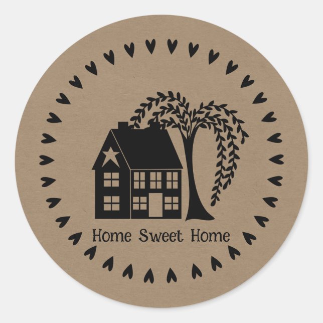 Prim House Hearts and Tree Zuhause Sweet Zuhause Runder Aufkleber (Vorderseite)