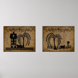 Prim Salt Box House Willow Tree Sheep Pip Berries