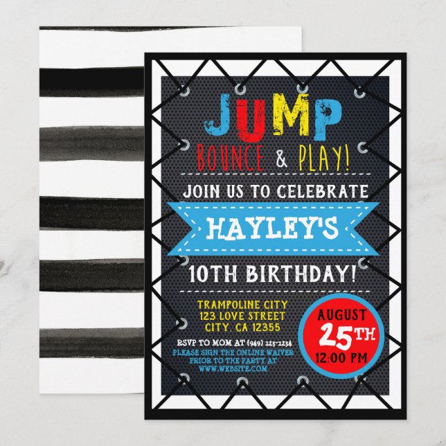Primäre Farbe Jump & Play Trampolin Park Bounce Einladung (Vorne/Hinten)