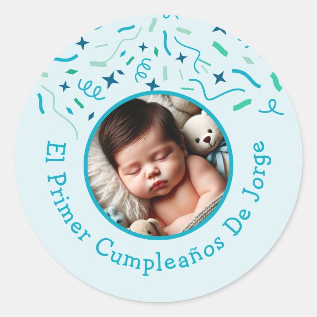 Primer Cumpleaños de Bebé Fiesta Infantil Con Foto Runder Aufkleber (Vorderseite)