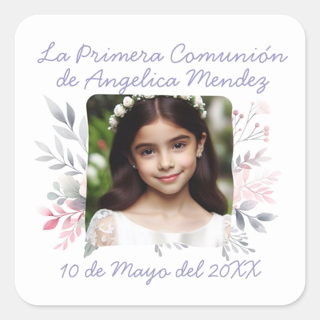 Primera Comunión con Foto y Flores Spanisch Quadratischer Aufkleber (Vorderseite)
