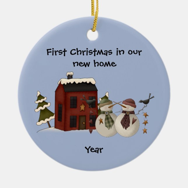 Primitiv - Erste Weihnachten in unserer neuen Zuha Keramik Ornament (Vorne)