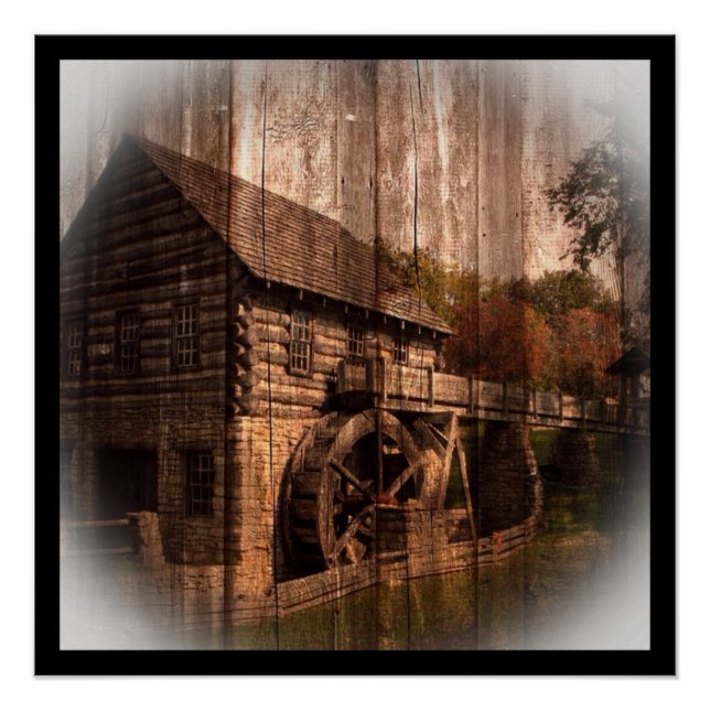 Primitive Barn Wood Bauernmühle Wasserrad Poster (Vorderseite)