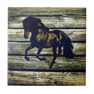 Primitive BarnWood Reittier Schwarzer Hengst Pferd Fliese