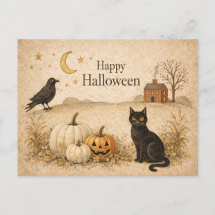 Primitive Black Cat Folk Art Halloween Feiertagspostkarte