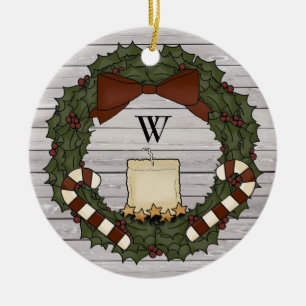 Primitive Country Farmhouse Holly Monogram Wreath Keramik Ornament