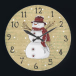Primitive Country Snowman Clock Große Wanduhr<br><div class="desc">A primitive snowman dressed in his burgundy scarf and hat with twig berry arms and star buttons is set on a vintage background. Falling snow falls over the clock. Of course the snowman would need snow! A great gift for any primitive or snowman lover! Would look festive in any room...</div>