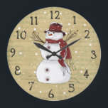 Primitive Country Snowman Clock Große Wanduhr<br><div class="desc">A primitive snowman dressed in his burgundy scarf and hat with twig berry arms and star buttons is set on a vintage background. Falling snow falls over the clock. Of course the snowman would need snow! A great gift for any primitive or snowman lover! Would look festive in any room...</div>