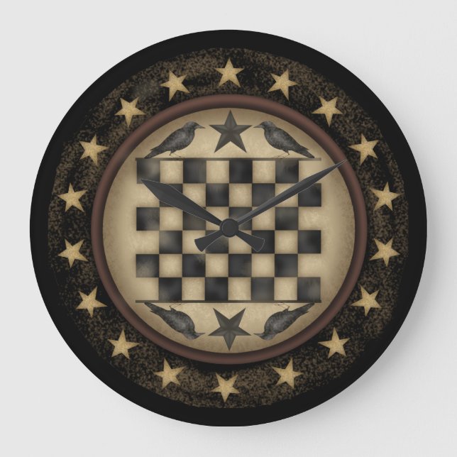 Primitive Crow Checkerboard Wall Clock Große Wanduhr (Vorderseite)