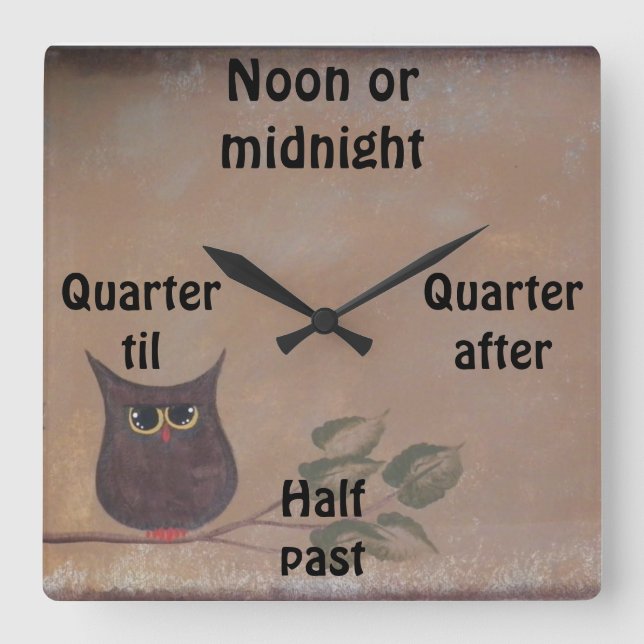Primitive Folk Art Owl Acrylmalerei Quadratische Wanduhr (Vorderseite)
