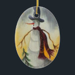 Primitive Folk Art Snowman Keramikornament<br><div class="desc">Originelle Kunst in Acryl auf Papier von Deborah Miller. Niedlicher Schneemann in primitiver Volkskunst und trägt einen Hut und Schal</div>