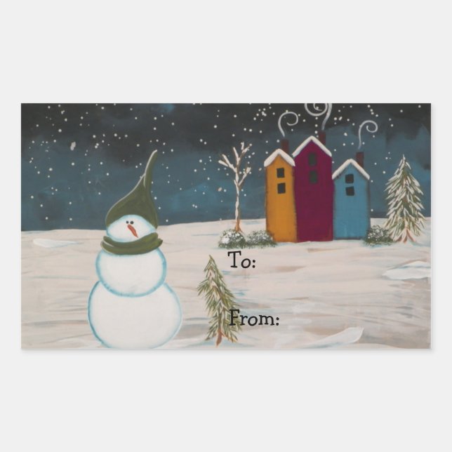 Primitive Folk Art Snowman Snow Scene Rechteckiger Aufkleber (Vorderseite)