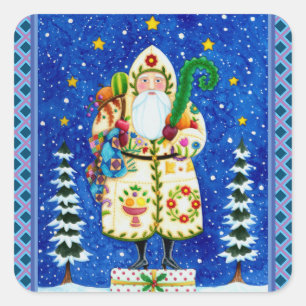 PRIMITIVE FOLKART BALTIMORE QUILT VATER CHRISTMAS QUADRATISCHER AUFKLEBER