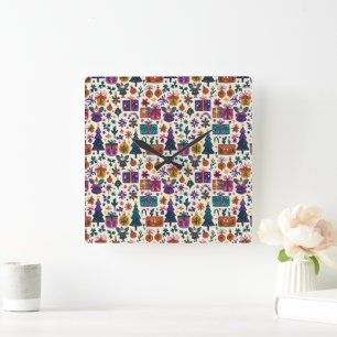 Primitive Folkkunst Weihnachtsmauer Quadratische Wanduhr