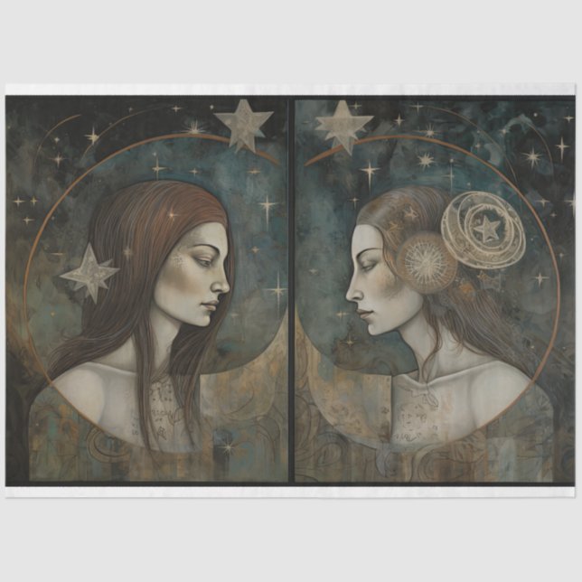 Primitive Gemini Celestial Mermaid Art Decoupage Seidenpapier (Vorderseite)