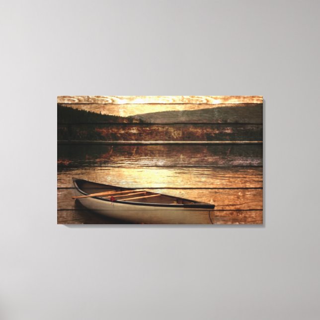 Primitive Holzkornreflexion Lake House Canoe Leinwanddruck (Vorderseite)