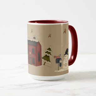 Primitive rotes Kolonialhaus und Schneemann  Tasse