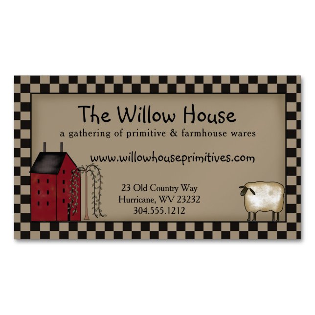 Primitive Saltbox House und Willow Tree bearbeitba Magnetische Visitenkarte (Vorderseite)