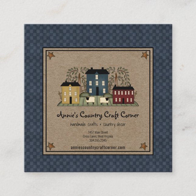 Primitive Saltbox Willow Tree and Sheep Quadratische Visitenkarte (Vorderseite)