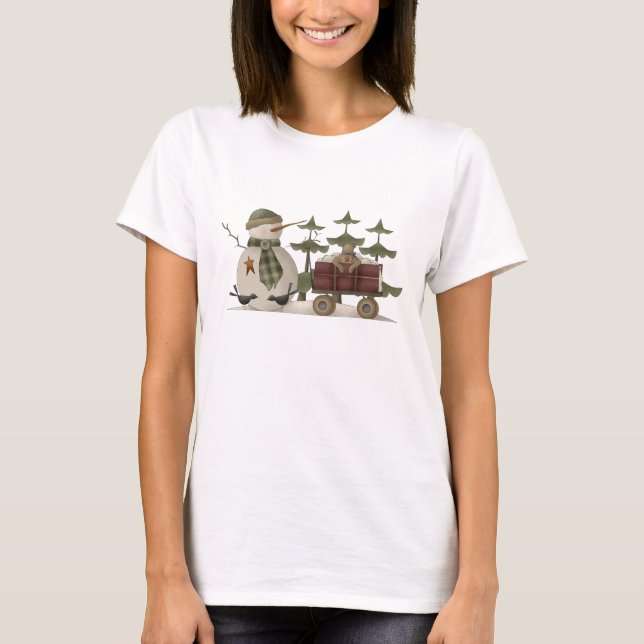 Primitive Snowman & Teddy Bear Wagon T-Shirt (Vorderseite)