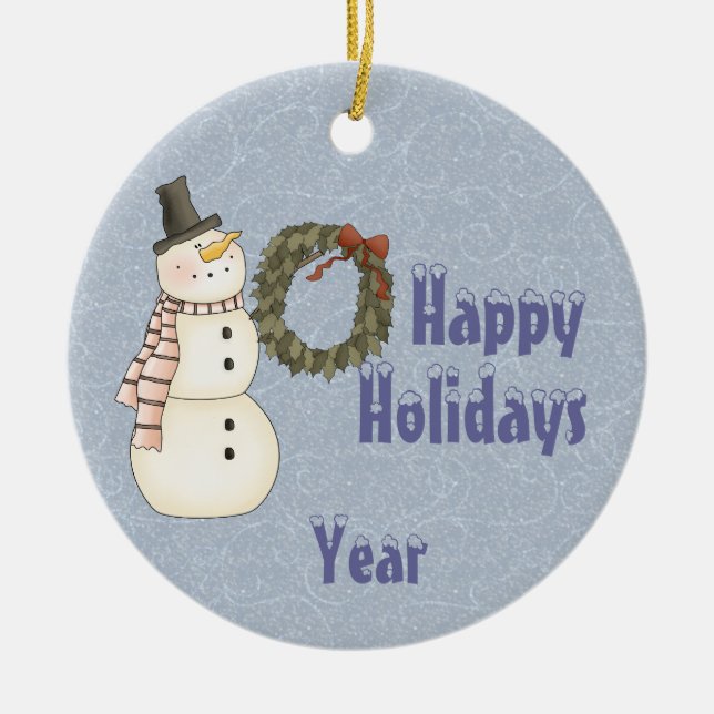 Primitive Style Snowman & House - Happy Holidays Keramikornament (Vorne)