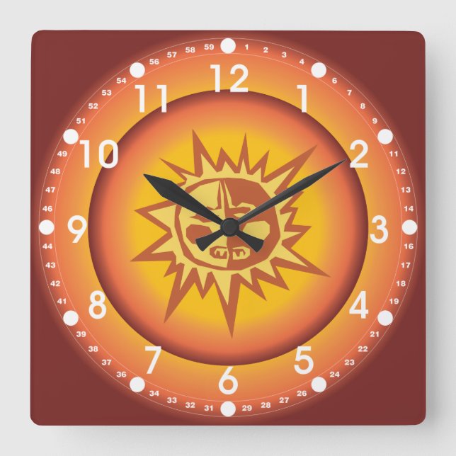 Primitive Tribal Sun Design Red Orange Glow Quadratische Wanduhr (Vorderseite)