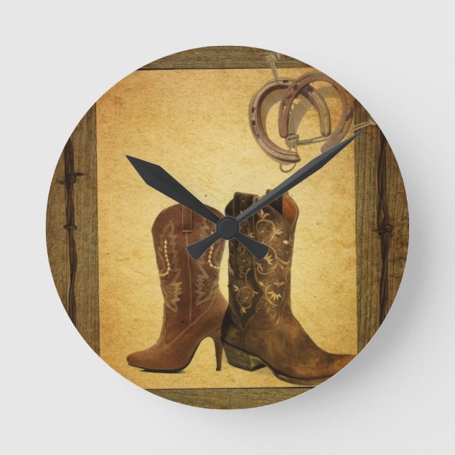 primitive Western Country Hufeisen Cowboystiefel Runde Wanduhr (Vorderseite)
