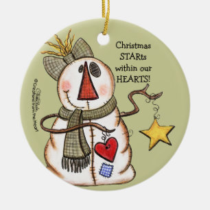 Primitiver Schneemann mit Herz und Stern Keramikornament
