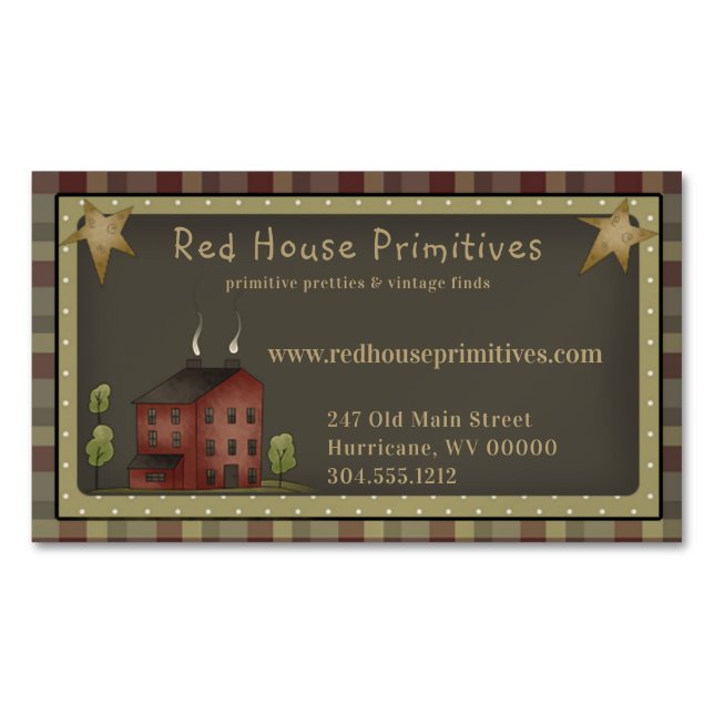 Primitives Country Red Saltbox House & Stars Magnetische Visitenkarte (Vorderseite)