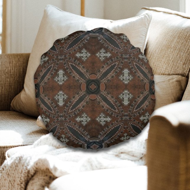 Primitives Cowboy Western Land Tooled Leather Rundes Kissen (Primitive cowboy western country Tooled Leather Round Pillow)