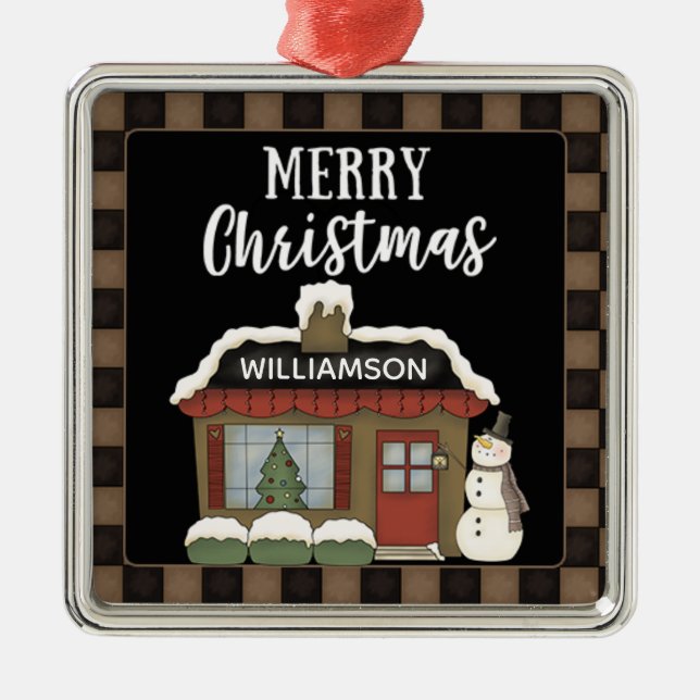 PRIMITIVES LAND MERRY CHRISTMAS HÜTTE NAME ORNAMENT AUS METALL (Vorne)