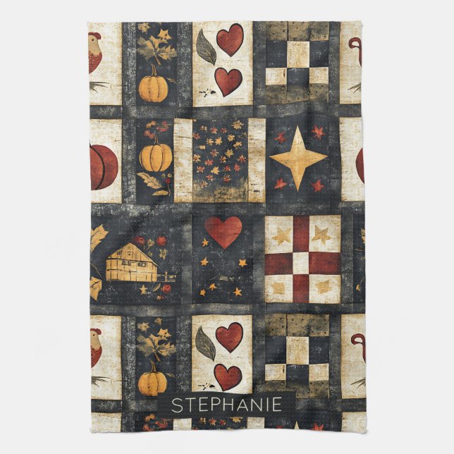Primitives Quiltmuster für den Herbst | Ernte Geschirrtuch (Vertikal)