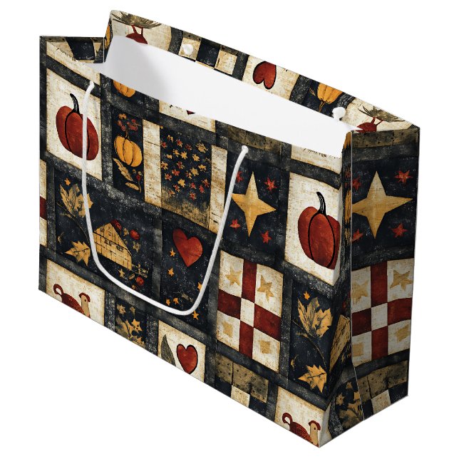 Primitives Quiltmuster für den Herbst | Ernte Große Geschenktüte (Vorderseite Schrägansicht)