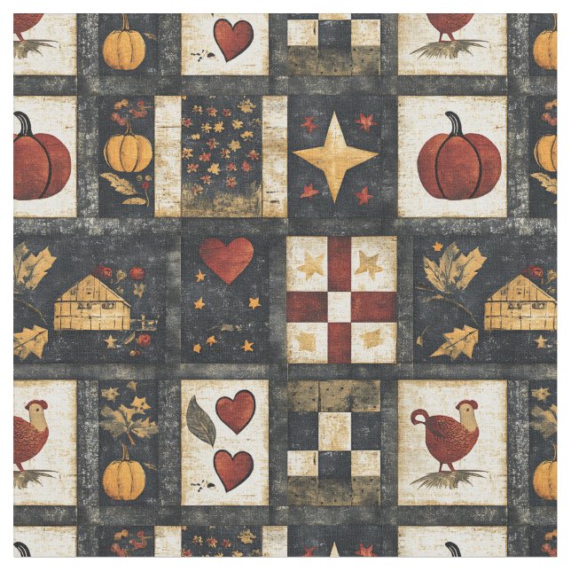 Primitives Quiltmuster für den Herbst | Ernte Stoff (Nahaufnahme)