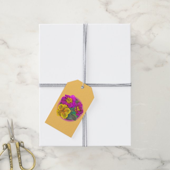 Primrose Fine Art Malerei rosa gelbe Geschenkmarke Geschenkanhänger (Mit Garn)
