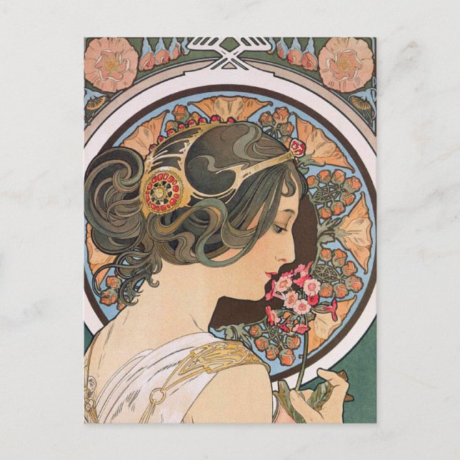 Primrose von Mucha - Vintager floraler Jugendstil Postkarte (Vorderseite)
