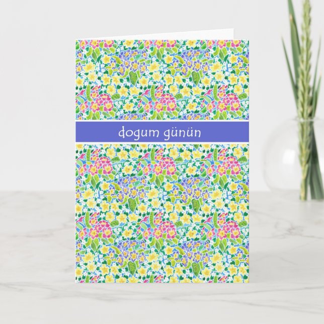 Primroses Birthday Card, Türkisches Gruß Karte (Vorderseite)