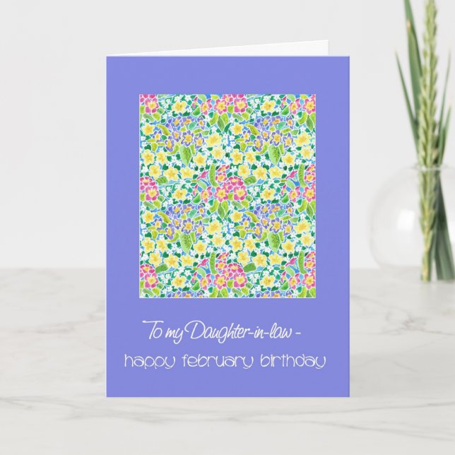 Primroses February Birthday Card, Schwiegertochter Karte (Vorderseite)