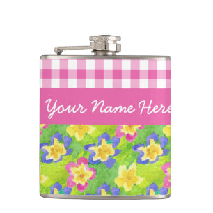 Primroses Hip Flask to Personalize: Pink Gingham Flachmann