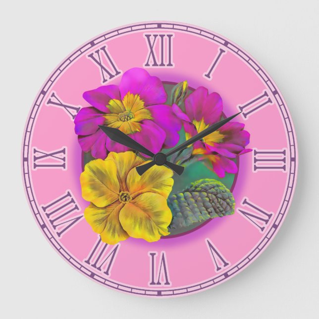 Primula purple & yellow fine botanical wall clock große wanduhr (Vorderseite)