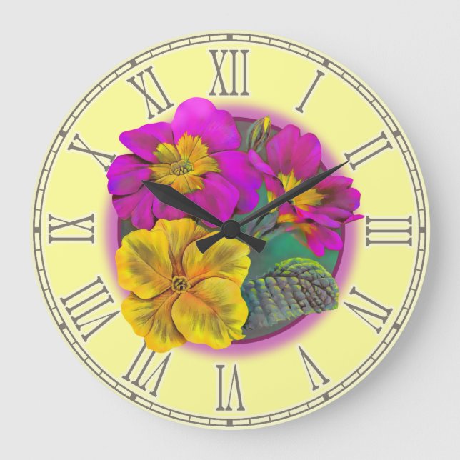 Primula yellow purple fine botanical wall clock große wanduhr (Vorderseite)