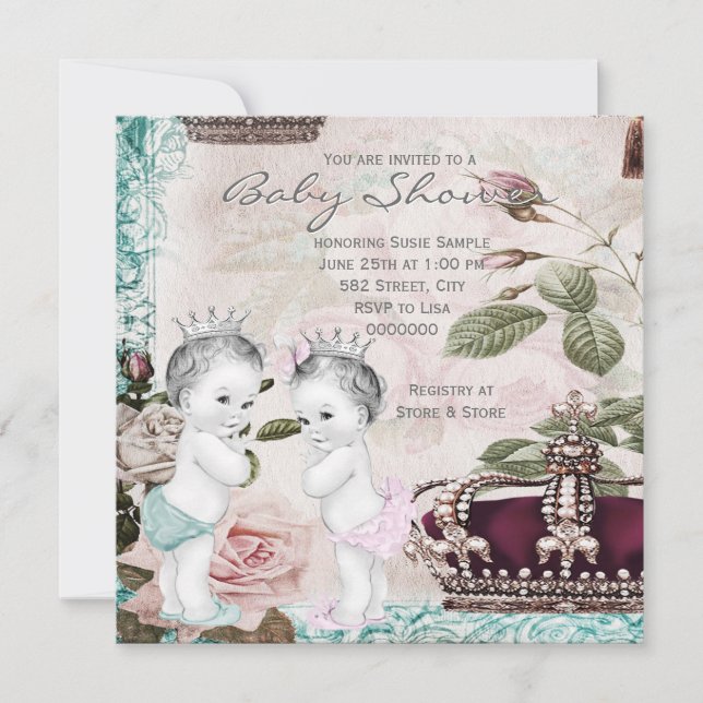 Prince and Princess Twin Baby Shower Einladung (Vorderseite)